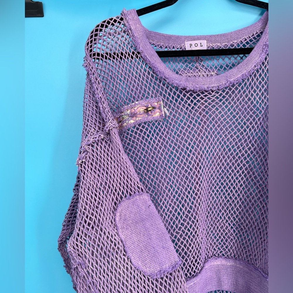 Just In! POL Round Neck Crochet Top Iris Purple Front Decortive Zip-NWT Sz- S-L - Picture 4 of 7